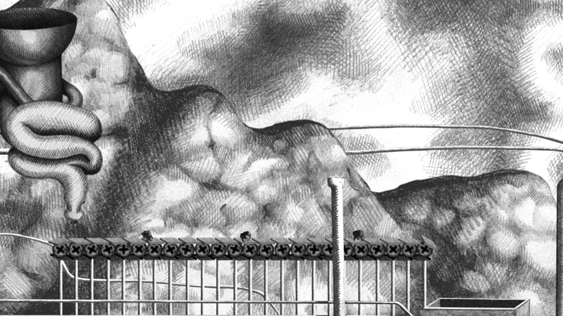 screen shot from Foodstuffs of pencil drawn mining machine and conveyor belt